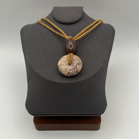 Coral Fossil “Dragon Bone” Donut Pendant and Ocean Jasper Bead on Suede Rope - Picture 2 of 13